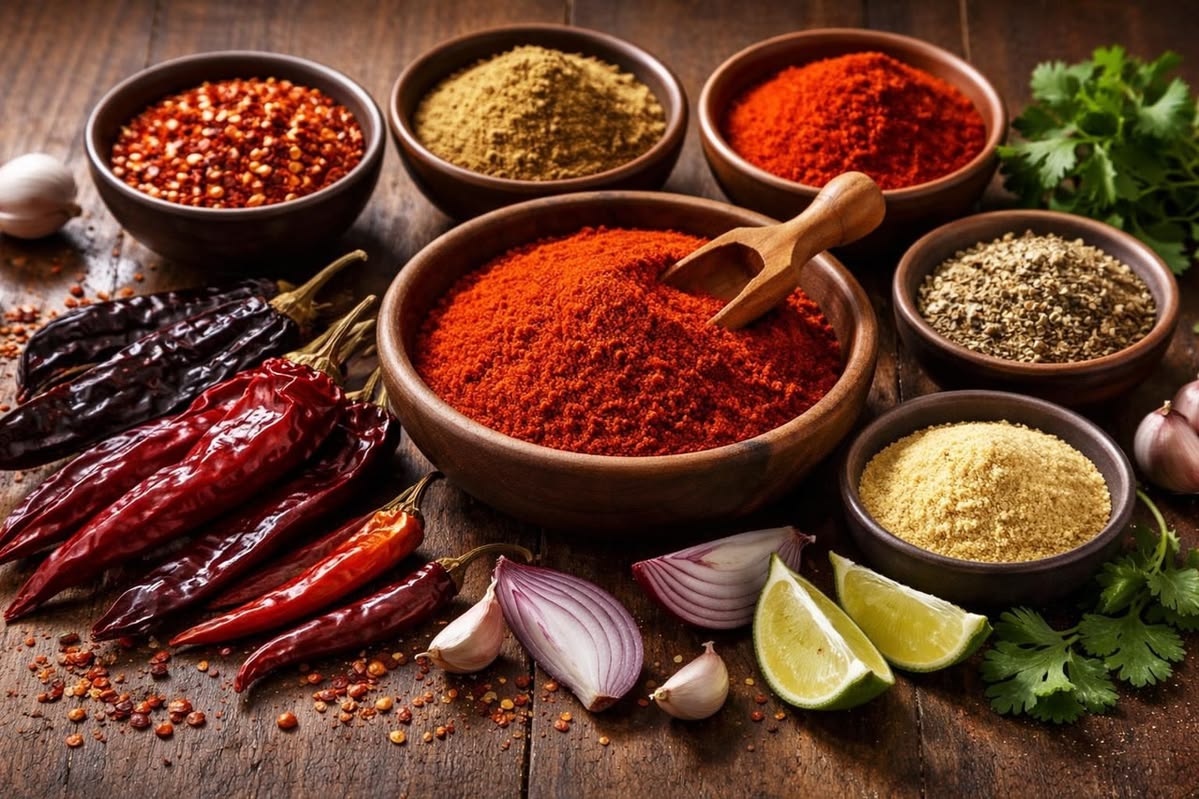 Selection of international spices, legumes, and grains displayed in ceramic bowls
